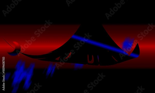 Fototapeta Fantasy graphic. Black alien space ship flying. Red and black sky. Red moon Illusion of 3d distance dimension depth. Red horizon line. Blue cloud effect. Gradient blur effect. Design element.