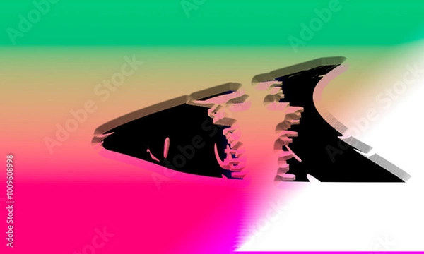 Fototapeta Fantasy graphic. Black alien space ship attacked by space creature. Illusion of 3d distance dimension depth. Color blends of greens pinks yellows, white. Gradient blur effect. Design element.