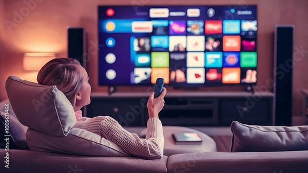Fototapeta Woman Accessing OTT Content on Smart TV at Home