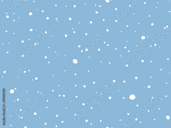 Fototapeta Snow Flakes background. Cold Snowy winter Holiday Background. White falling random flake on Blue. Simple Natural snowfall texture. Vector illustration. Dotted pattern for Package wallpaper design