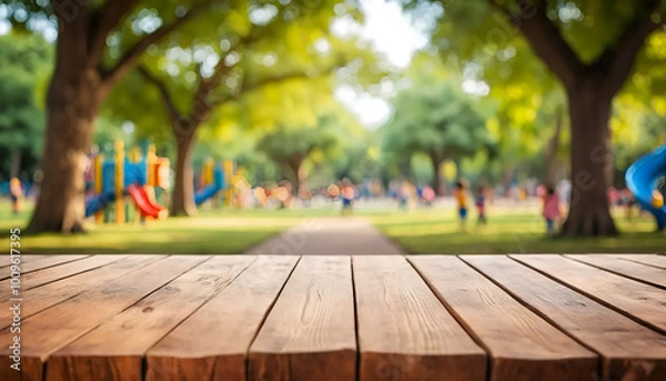 Obraz wooden table in park abstract blur background 