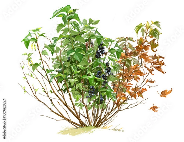 Obraz Digital illustration of a currant bush 4 seasons on a transparent background