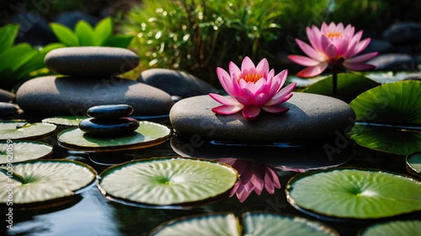 Fototapeta Two pink lotus flowers floating on a tranquil pond, with smooth zen stones stacked nearby. Serene and calming atmosphere.