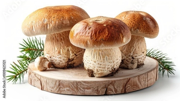 Fototapeta Three fresh porcini mushrooms on a wooden cutting board with spruce branches.