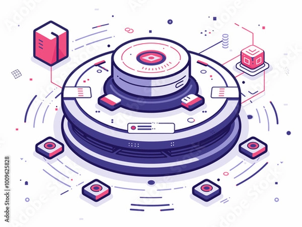 Fototapeta A futuristic computer tower with a clock on top. The tower is surrounded by many small cubes, which could represent data or other components. Scene is one of technology and innovation