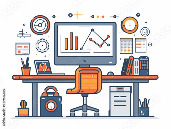 Fototapeta A computer desk with a monitor, laptop, and mouse. The desk is cluttered with papers and a clock