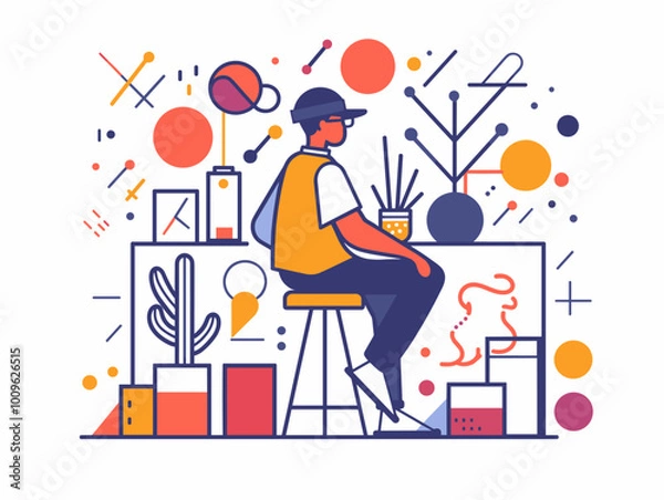 Fototapeta A man sits at a desk with a potted plant in front of him. The desk is cluttered with various items, including a vase, a cup, and a book. The man is focused on his work