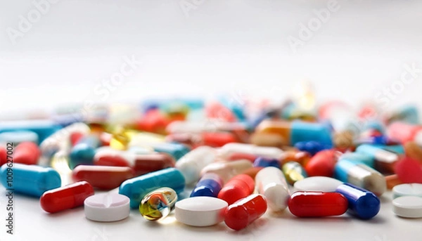 Fototapeta Multicolored capsules on white background. Blurred image. Assorted pharmaceutical medicine pills, tablets. Pills background. Banner for design. Vitamins and supplements background