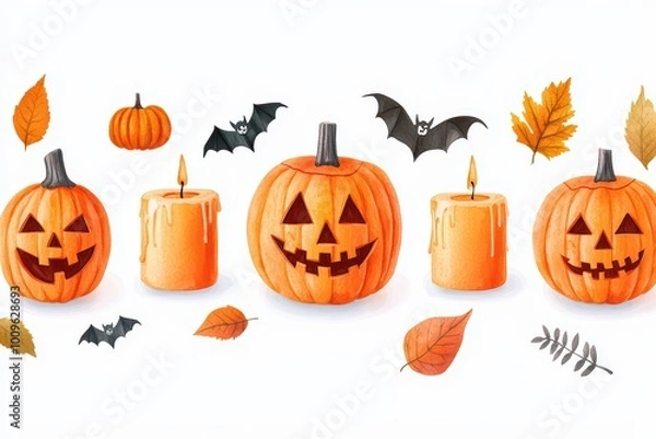 Fototapeta A festive collection of Halloween pumpkins, candles, bats, and autumn leaves on a white isolate background, perfect for seasonal decoration.