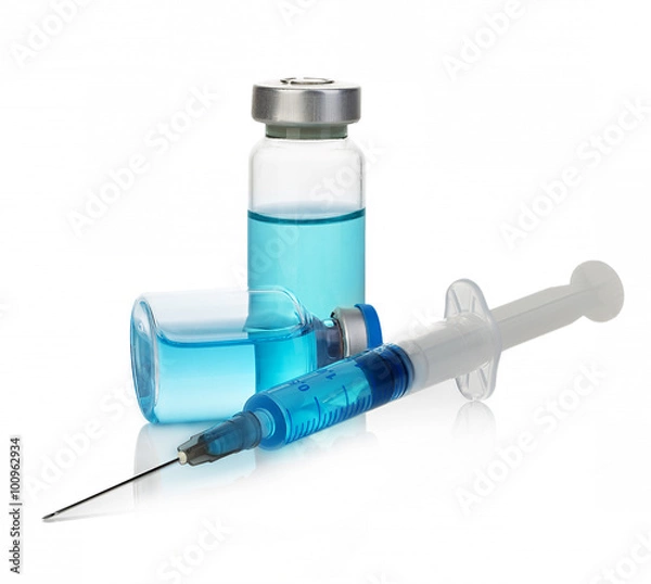Fototapeta Sterile medical vials with blue medication solution, ampoules, and syringe isolated on a white background.