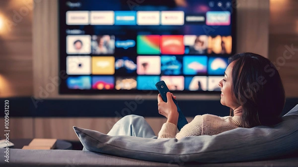 Fototapeta Woman Accessing OTT Content on Smart TV at Home