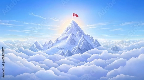 Fototapeta A majestic mountain peak rising above fluffy white clouds under a bright blue sky, topped with a flag. A serene and picturesque landscape.