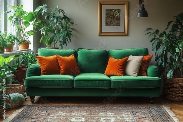 Fototapeta chic bohemian lounge featuring a lush emerald green sofa layered woven rugs and vibrant plants in rustic wicker baskets illuminated by warm golden light