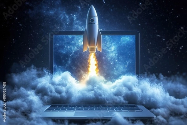 Fototapeta Rocket taking off from laptop amid celestial clouds