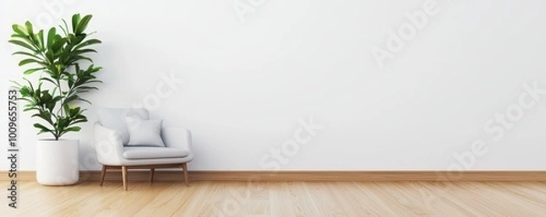 Obraz Modern chair and potted plant against a minimalistic white wall.