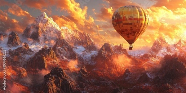 Fototapeta a hot air balloon flying over a mountain range