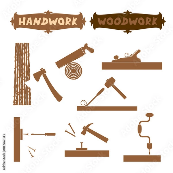 Obraz Vector illustration wood work hand tools silhouette set with shown working process and sign boards with words Handwork and Woodwork