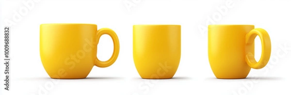 Fototapeta 3d yellow coffee mug icon isolated on white background, front and side view, yellow cup of tea or milk with handle, vector illustration