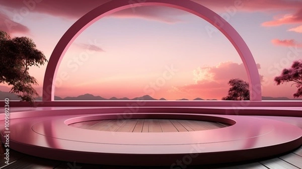 Fototapeta Pink podium stage minimal abstract background beauty dreamy space studio view.
