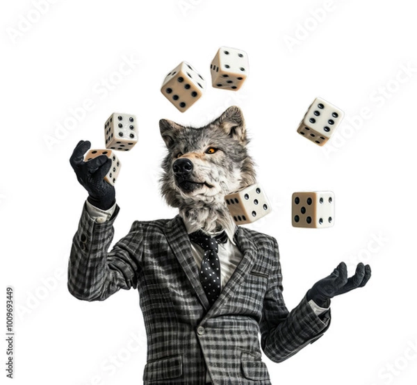 Obraz A wolf, dressed in a suit, is juggling dice, isolated on a transparent background.