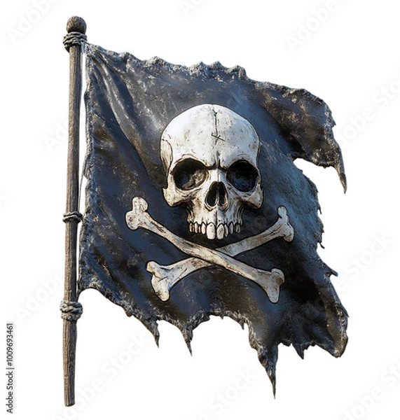 Fototapeta A tattered Jolly Roger, featuring a skull and crossbones, flies proudly on a weathered flagpole.