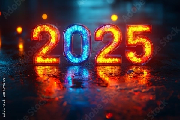 Fototapeta Vibrant 2025 New Year greeting illuminated on a wet asphalt surface with bokeh lights.