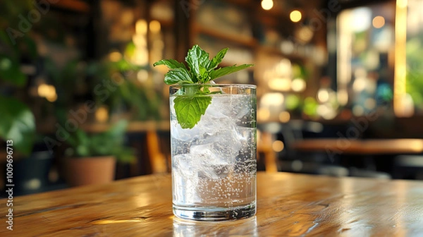 Obraz Refreshing Mint Infused Sparkling Water Glass Ice Garnish Natural Setting