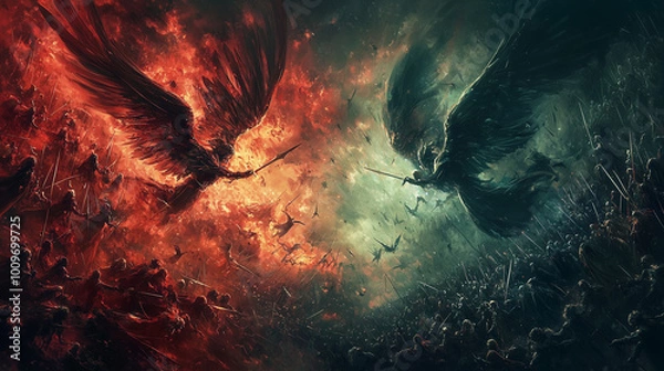 Fototapeta angel and devil on different sides, simple drawing, concept of hard choice