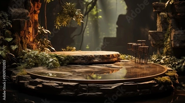 Obraz Podium product display blends into nature with stone table on waterfall background.