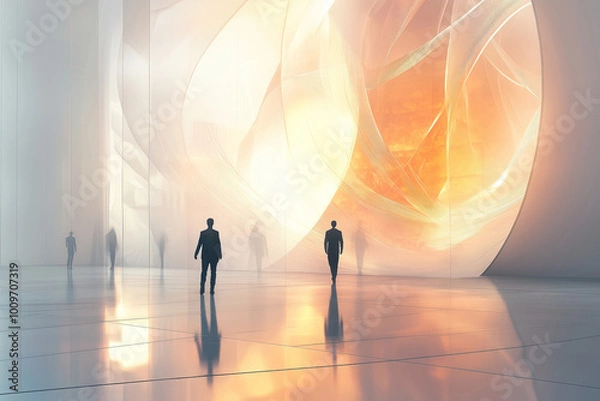 Fototapeta Mysterious figures navigate a futuristic space bathed in ethereal light, exploring creativity and wonder in a blurred ambiance