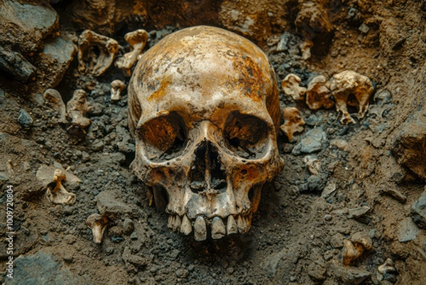 Fototapeta Unearthed: Human Skeletons, Bones, and Skulls Discovered at Archaeological Dig Site