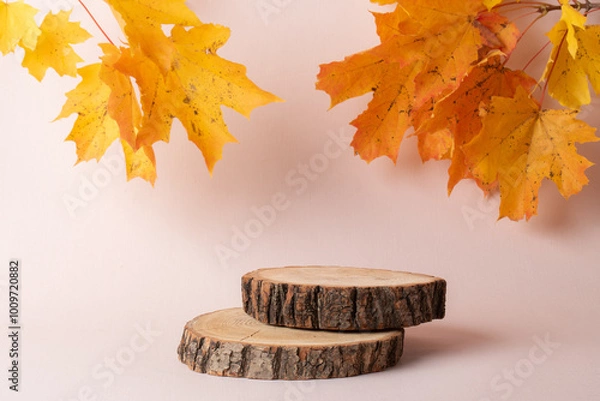 Fototapeta Autumn podium made of natural wood and autumn maple leaves on a beige background. Showcase, product presentations. A minimalistic branding scene