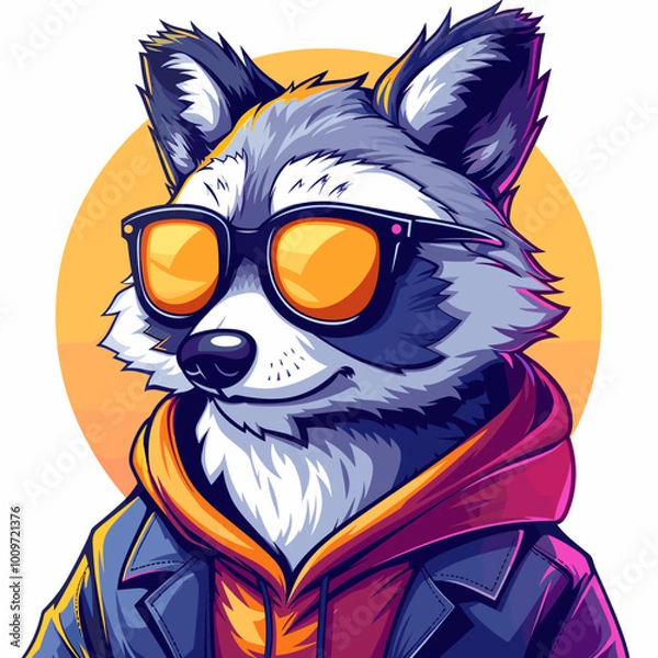 Fototapeta A raccoon wearing sunglasses and a hoodie. The raccoon is smiling and he is enjoying the sunny day
