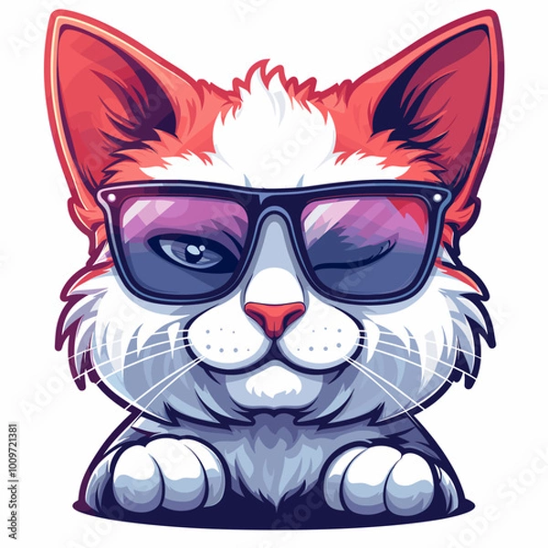 Fototapeta A cartoon cat wearing sunglasses and a smile. The cat is looking at the camera with a surprised expression