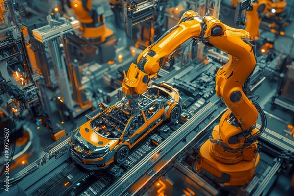 Fototapeta Revolutionizing Electric Vehicle Production with Advanced Aerial Car Factory 3D Concept: Automated Robot Arm Assembly Line for High-Tech Green Energy Vehicles
