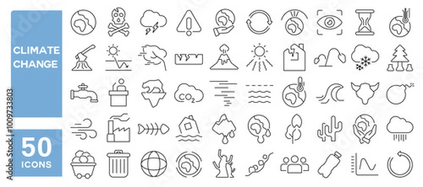 Fototapeta Set of 50 line icons related to climate change, disaster, global, warming, pollution, earthquake, tsunami, acidification, melting, ice, Editable stroke. Vector illustration
