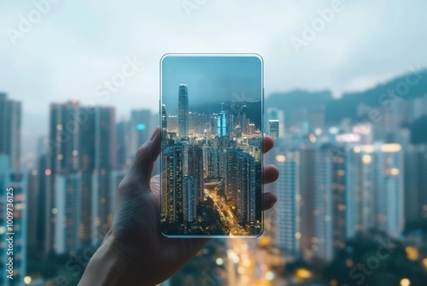 Obraz Hand holding a transparent smartphone with a digital city skyline projection