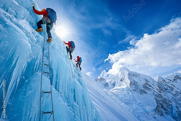 Fototapeta High-quality image of a team scaling an icy peak on Mount Everest with rope and ladder, captured in a realistic style.