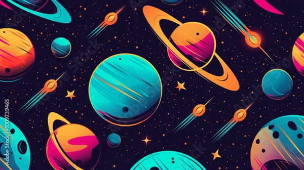 Fototapeta A seamless space pattern featuring bright planets, shooting stars, and glowing comets on a deep dark blue background. The planets are designed in bold colors like orange, teal, and purple