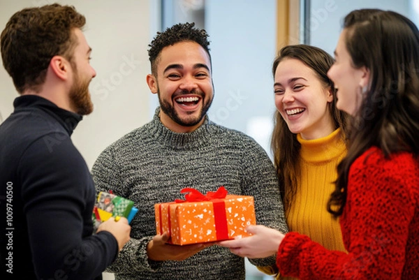 Fototapeta A diverse group of office workers laughing and enjoying a Secret Santa gift exchange.