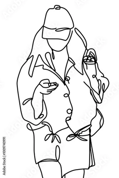Obraz One continuous line drawing, a girl sitting and drinking  	