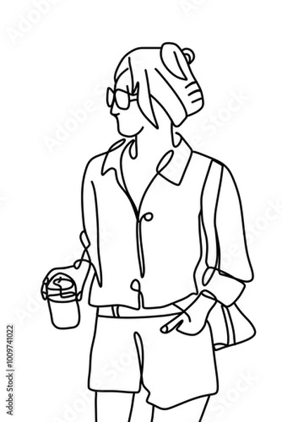 Obraz One continuous line drawing, a girl sitting and drinking  	