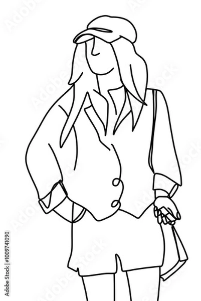 Obraz One continuous line drawing, a girl sitting and drinking  	