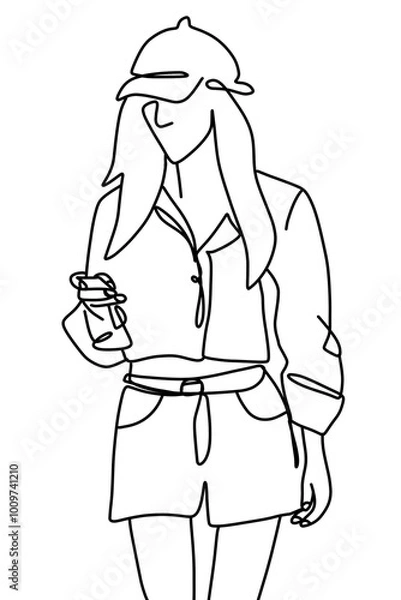 Obraz One continuous line drawing, a girl sitting and drinking  	