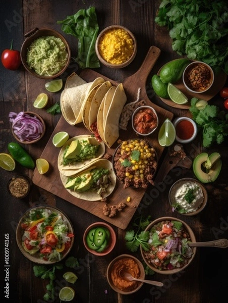 Fototapeta A Rustic Table Spread Featuring Tacos, Toppings, and Sauces
