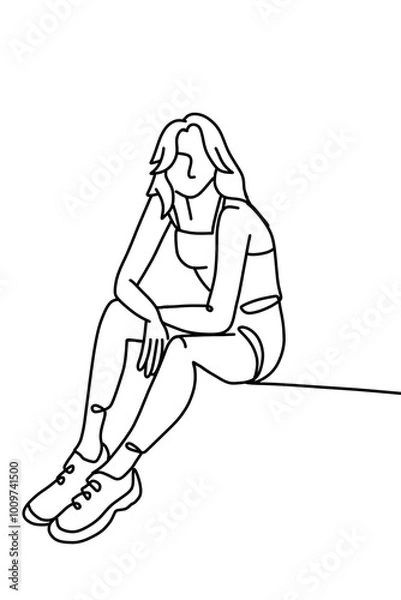 Obraz One continuous line drawing, a girl sitting and drinking  	