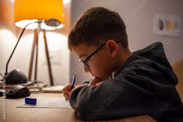 Fototapeta a young boy wearing glasses, deeply focused on writing or doing homework at a desk under warm lighting, with a lamp and study materials scattered around, creating a cozy and concentrated atmosphere.