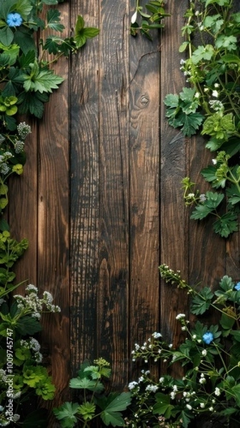 Fototapeta A rustic wooden board adorned with various green plants and wild grass for a natural feel