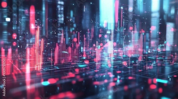 Fototapeta Colorful digital city skyline with vibrant lights and abstract patterns at night