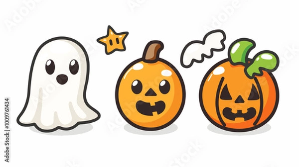 Fototapeta Cute Halloween Ghost and Pumpkins with Witch Hat